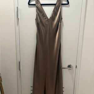 Frame Silk Satin Slip Midi Dress in Mushrom